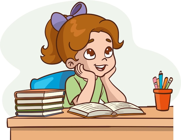 young girl reading a book and thinking at her desk