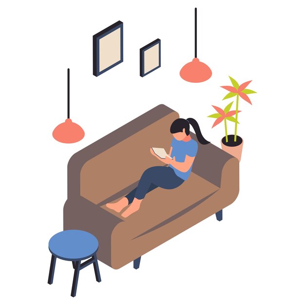young girl reading book while sitting on couch isometric concept barefoot woman lying down on sofa