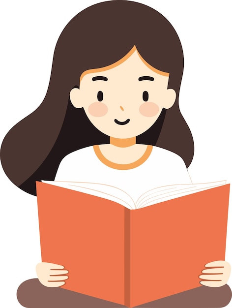 young girl reading book white background illustration minimal flipart vector style