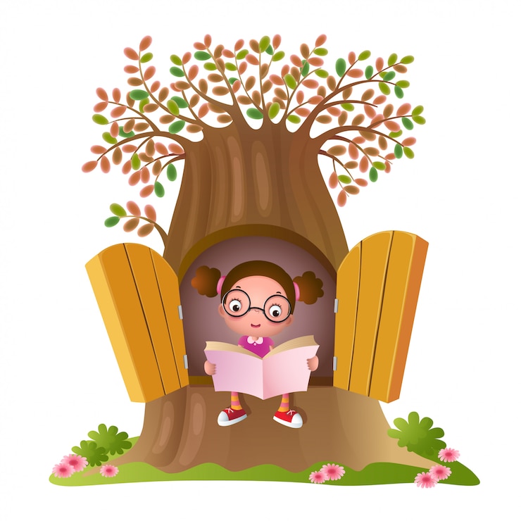 Vector young girl reading a book