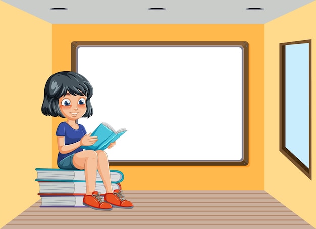 Vector young girl reading by whiteboard