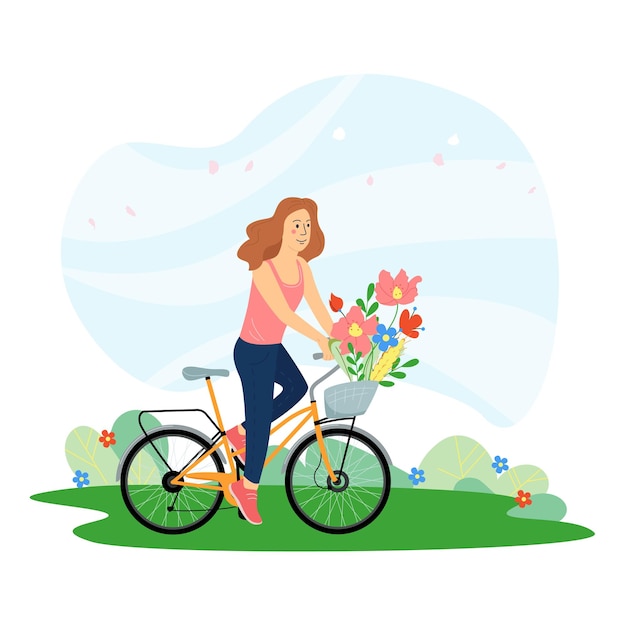 Young girl rides a bike in the summer park Healthy lifestyle Spring vector illustration