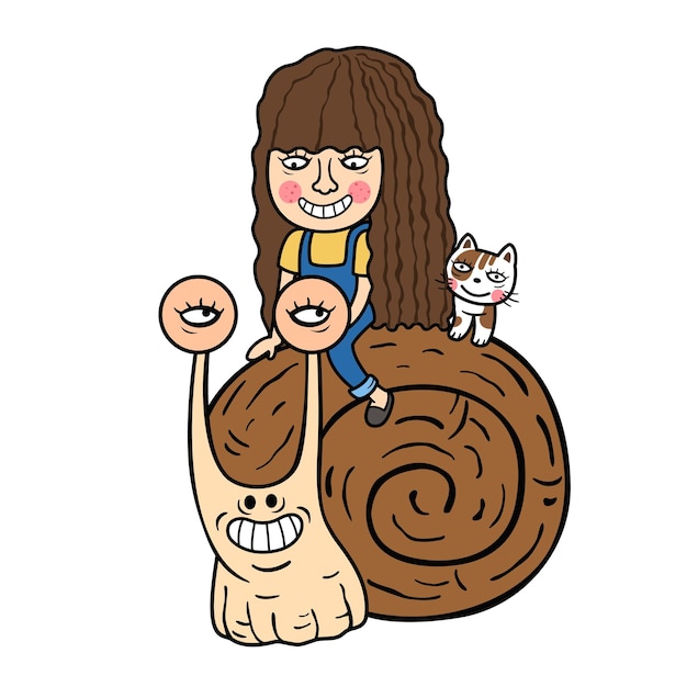 Young girl riding a snail with cat illustration vector