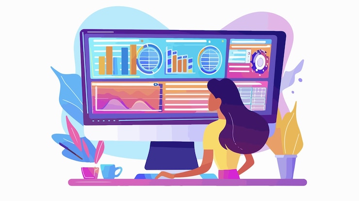 Vector young girl searching internet professional workplace concept