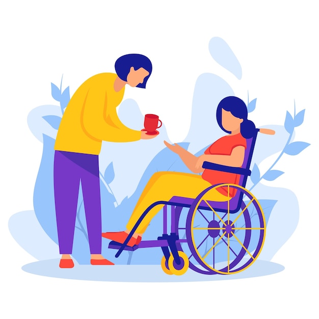 Young girl serving tea to old woman stock illustration disabled woman on wheelchair illustration