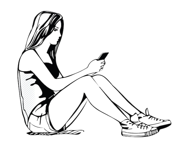 Vector young girl sits with a phone in her hands
