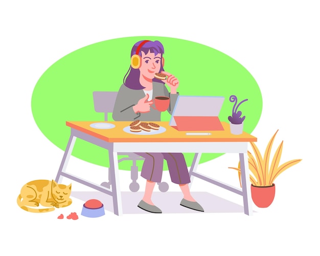 Vector young girl sitting working and learning with her gadget enjoying cup of coffee and cookies
