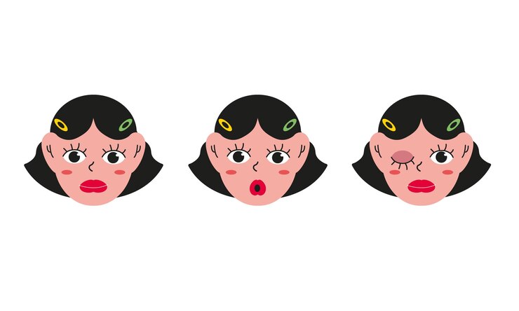 Vector young girl smiling surprised and kindgirl portrait with different facial expressions set