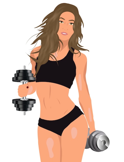 A young girl in sportswear with dumbbells