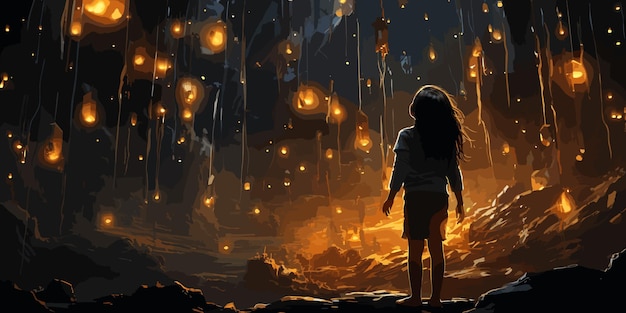 낮에 서 있는 어린 소녀가 밤의 별을 잡기 위해 손을 고 있습니다. 디지털 아트 스타일의 일러스트레이션 그림