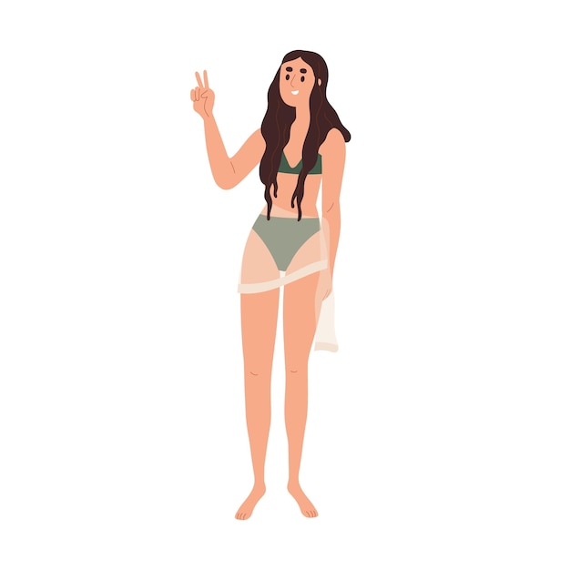 Вектор Молодая девушка стоит в бикини, пляжной одежде. счастливая стройная худая женщина в купальниках жестикулирует знаком победы мира. современный женский пляжный купальник. плоская векторная иллюстрация на белом фоне.