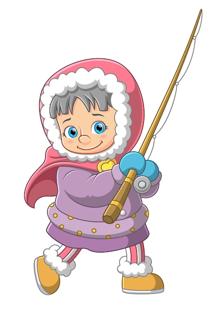 Young girl teen dressed in winter warm clothes and holding fishing stick