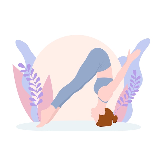 Una ragazza in tuta sta facendo yoga. si trova in una posa sulla testa. illustrazione piatta.