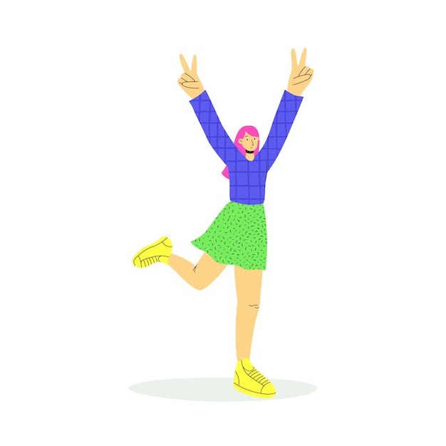 Young girl in trendy colorful flat style Vector illustration Funny character Dynamic pose Student in school or university International day of young people