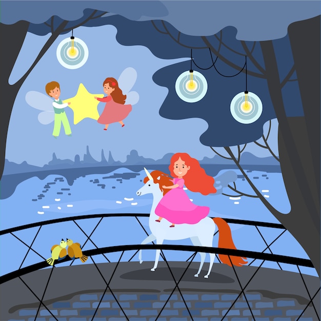 Young girl unicorn ride, fantasy place female male fairy fly around princess and hold star evening compositions   illustration.