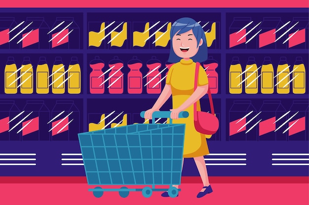 Young girl walking with trolley at supermarket.