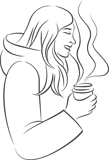 Young girl in warm clothes holding paper cup with hot coffee or mulled wine in her hands