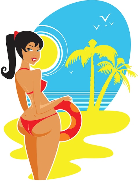 Vettore giovane ragazza che indossa bikini sulla spiaggia in stile retrò illustrazione vettoriale