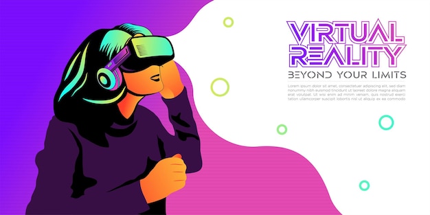 Вектор Молодая девушка в очках виртуальной или дополненной реальности vr world с шаблоном обоев неоновой формы