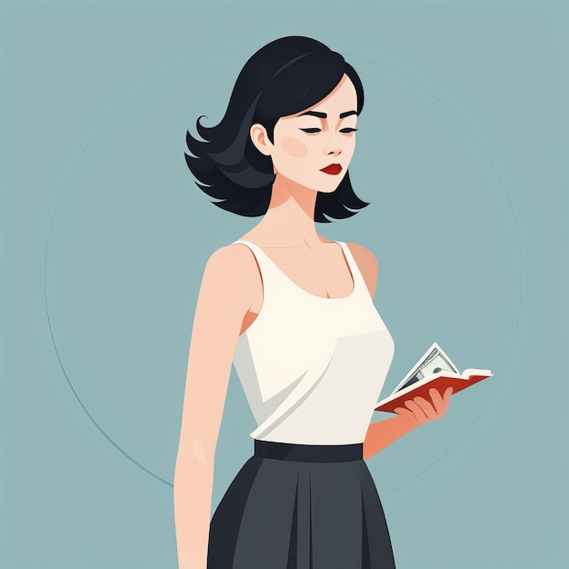 Vector young girl in a white t shirt and a red skirt the girl is in the library young girl in a wh