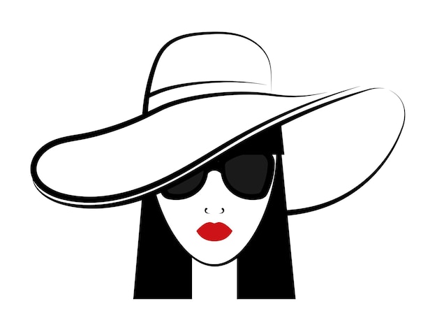 Young girl in wide hat and sunglasses with long black hair Sketch of female character with black lines Minimalistic Vector isolated on white background