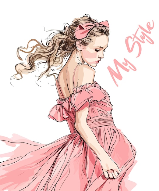 Vettore ragazza giovane con un fiocco in un vestito rosa nello stile dell'illustrazione vettoriale di moda