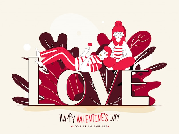 Young Girl with Boy Lying Down Showing Heart from Hand on Love Font for Happy Valentines Day Concept.