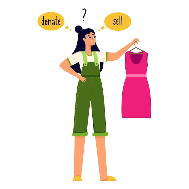 Vector a young girl with dark hair is holding a pink dress in her hands and is thinking of donating it or selling itthe theme of reasonable consumption cluttering sorting clothesflat vector illustration