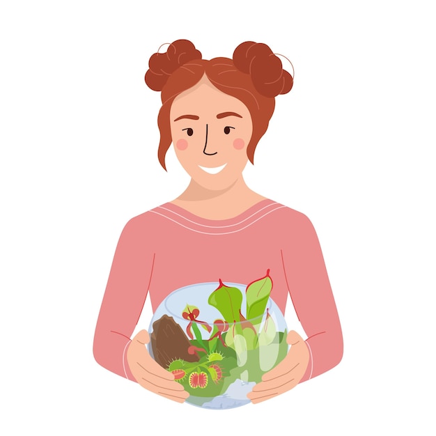 Young girl with florarium taking care of carnivorous plants Vector illustration isolated