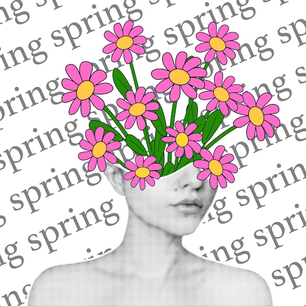 a young girl with a halftone effect with cartoon daisies coming out of her head