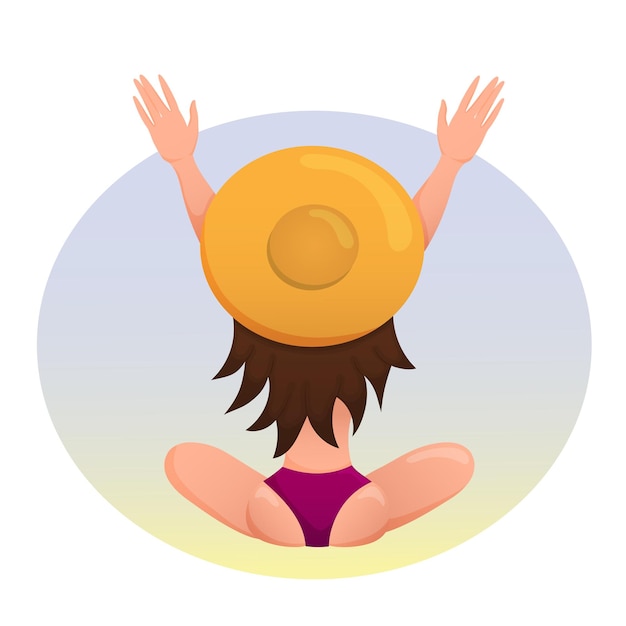 Young girl with hat sits on the beach and looks out over the horizon Summer illustration Vector