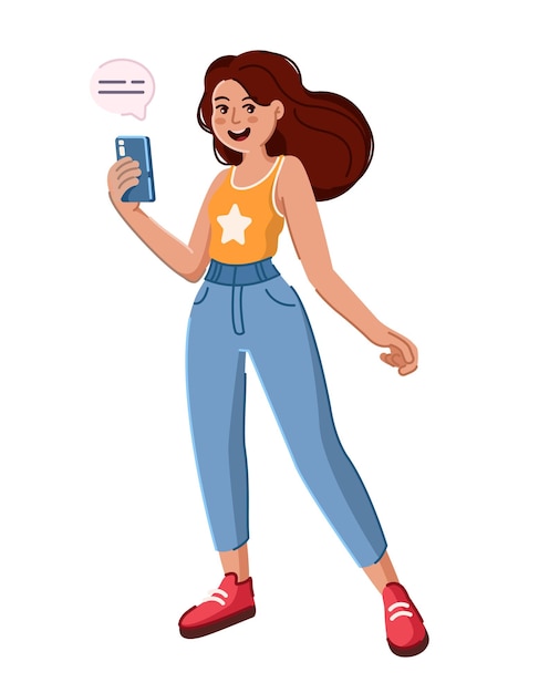A young girl with a mobile phone in her hand writes a message smiles and laughs Vector flat