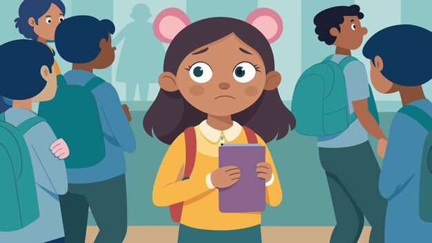 Vector a young girl with a mouseshaped backpack stands in front of a crowded classroom her hands nervously