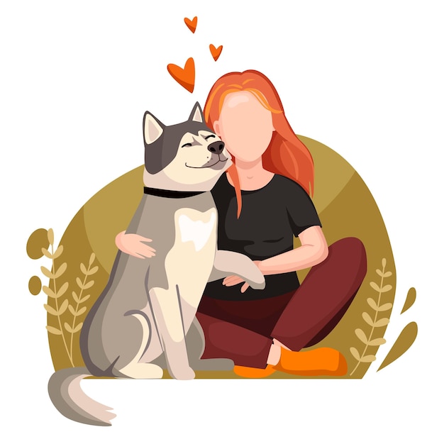 Young girl with a pet Beautiful woman with a dog Vector illustration in cartoon style