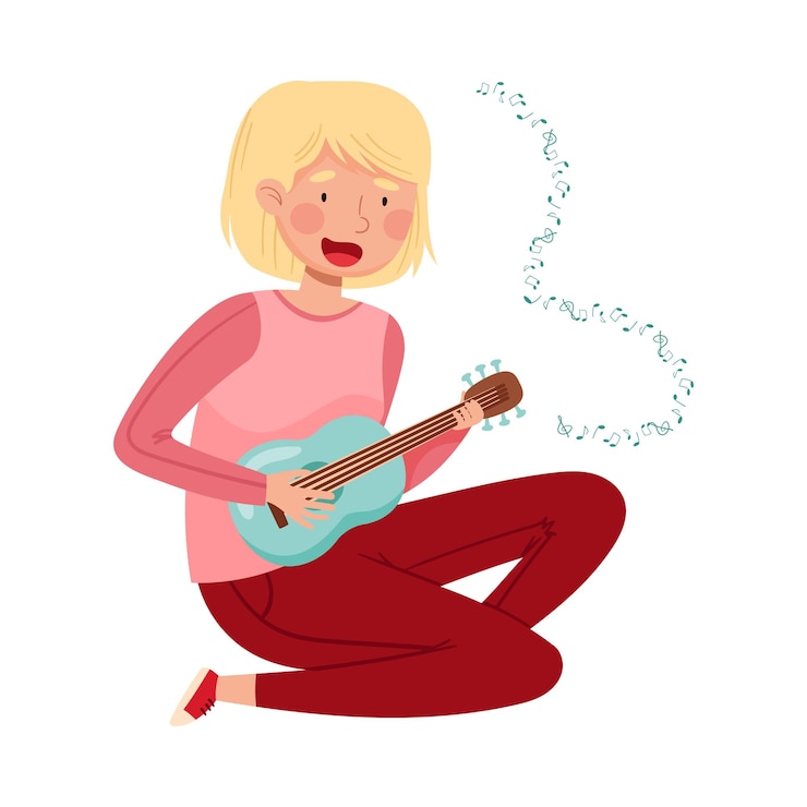 Vector young girl with short blond hair sitting and playing ukalele vector illustration