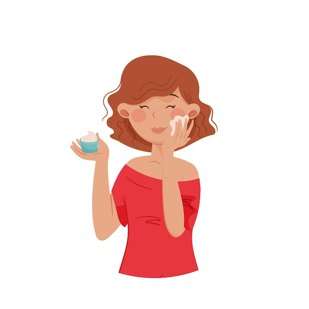 Vector young girl with short hair applying cosmetic facial mask vector illustration