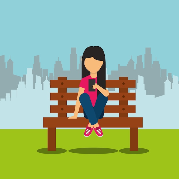 Young girl with smartphone sitting on bench cityscape