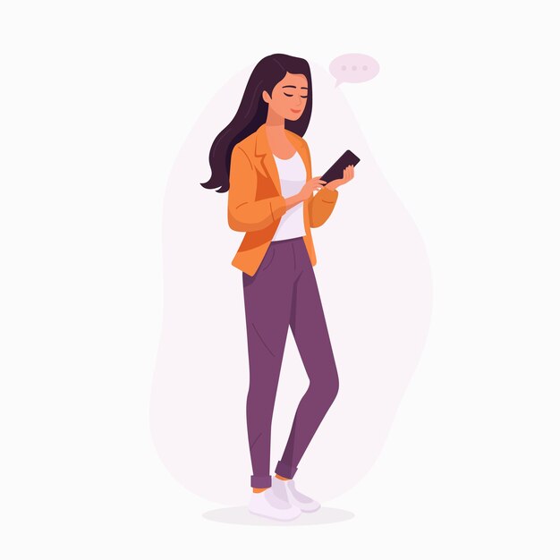 young girl woman is looking on smartphone and chatting happy girl women is typing on phone