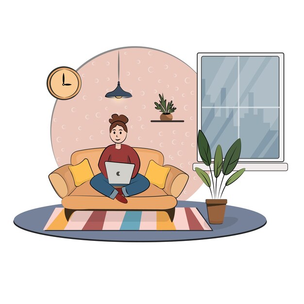 Young girl woman on sofa in lotus position with laptop stay at home work study freelance quarantine pandemic home office isolated on white background stock vector illustration