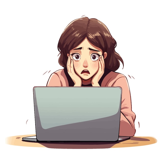 Vector young girl working on a computer embarrassed face