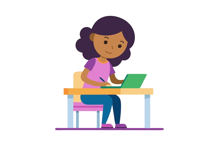 Vector a young girl working on a laptop depicting education and remote learning
