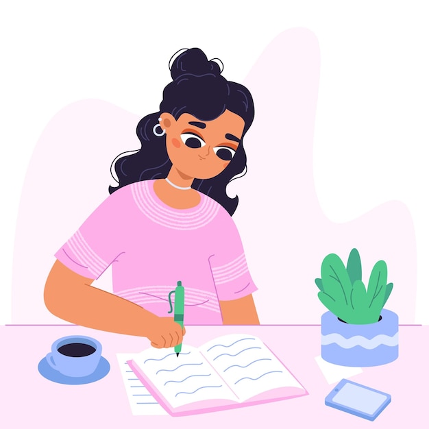 Young girl write diary cartoon author with notepad Cute female student studying at desk with notebook and coffee Education snugly vector concept
