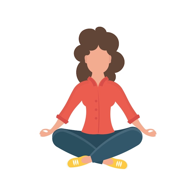 A young girl in a yoga pose does meditation mindfulness practice spiritual discipline A woman is sitting crosslegged on the floor and meditating Isolated Flat cartoon style Illustration vector