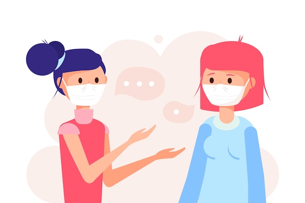 Young girls communicate at a distance and in medical masks