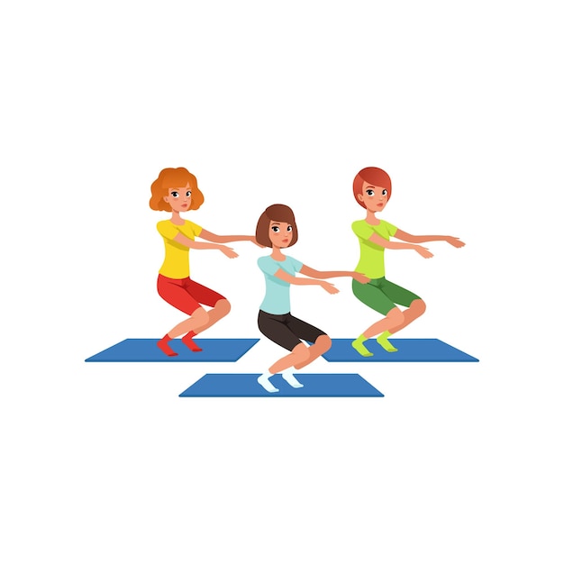 Young girls doing squats Healthy lifestyle Three beautiful women in gym Cartoon people characters in sports uniform Physical activity Flat vector design