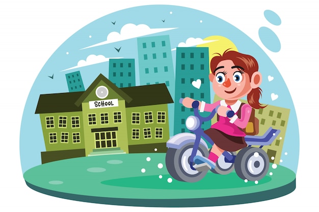 Young Girls go to School Vector Illustration