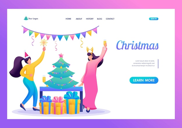 Young girls have fun near the Christmas tree drink champagne Flat 2D character Landing page concepts and web design