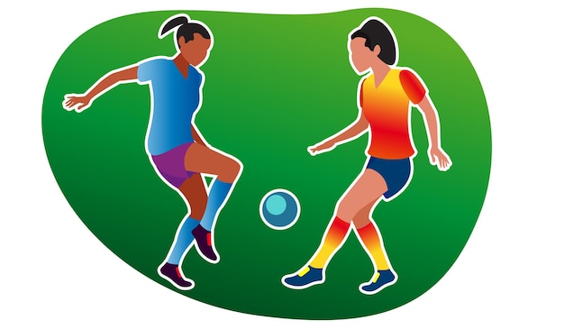 若い女の子はサッカーをします。ベクトルイラスト。スポーツウェアを着た女の子が空中でスポーツに出かけます。アクティブなスポーツゲーム。男女平等。女性のためのスポーツの機会均等。フラットスタイル。