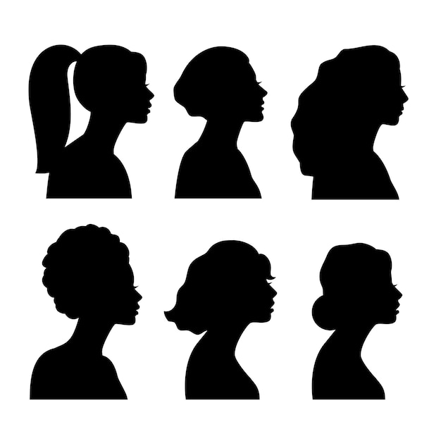 Vector young girls side silhouettes. ethnic black white girl heads, woman fashion models blacks persons, beautiful female sides faces, teenager drawing lady profiles portraits vector graph