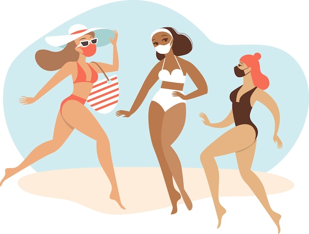 Ragazze che indossano bikini con maschere mediche protettive abbinate concetto di vacanze estive 2020